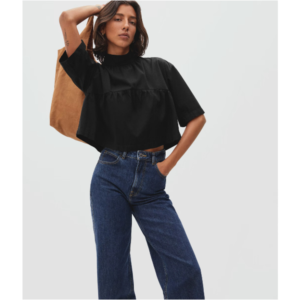 Everlane The Tiered Mockneck Top Black Cropped Boxy 100% Cotton S NWT
